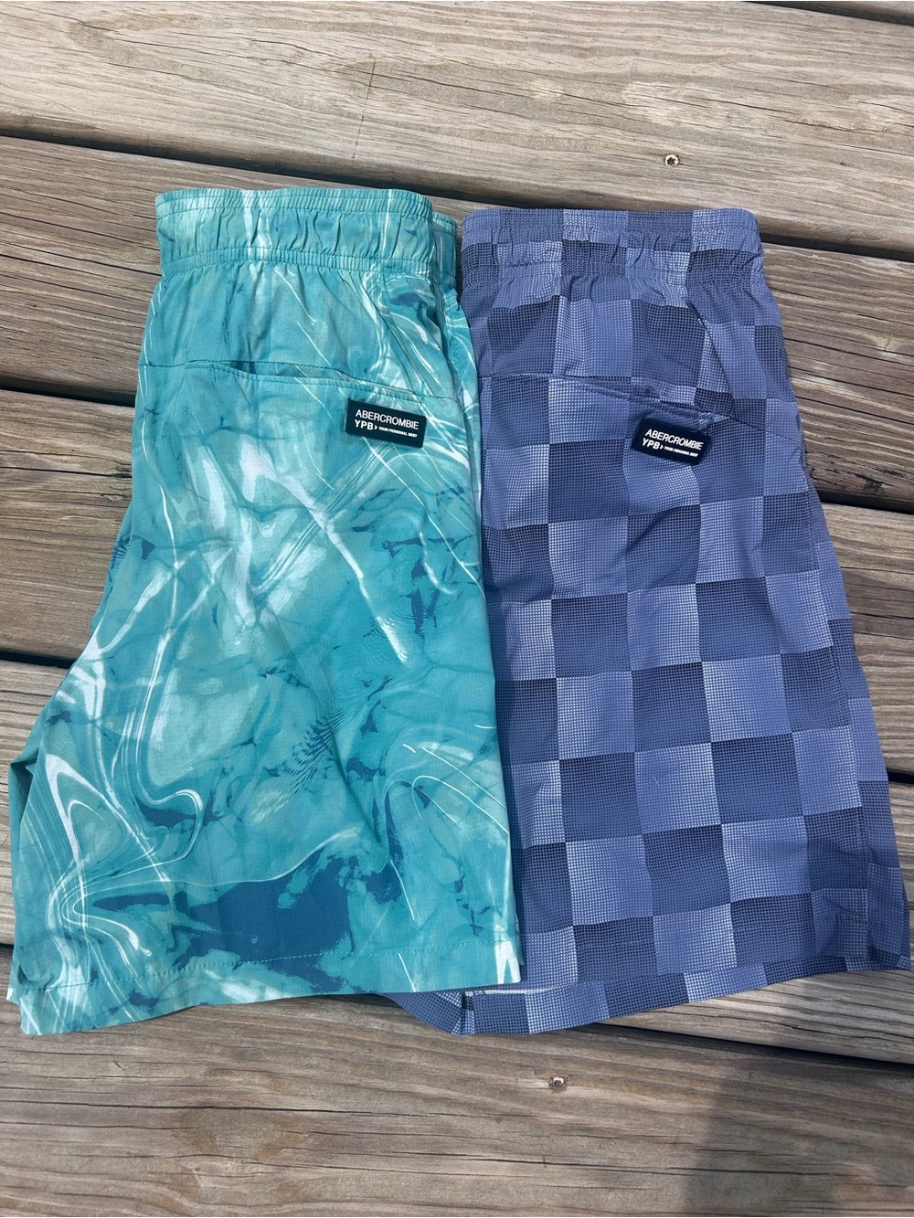 Abercrombie & Fitch kids Teal Marble and Navy Check Swim Shorts